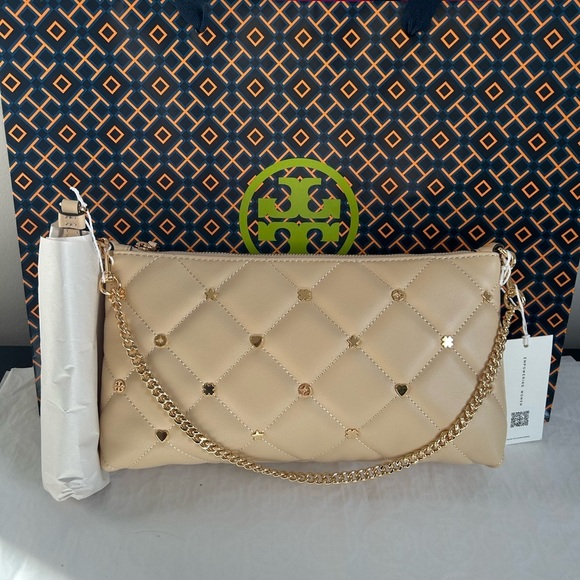 Tory Burch Willa Charms Zip Shoulder Bag Crossbody Bag Soft Serve Gold Tan Cream - Picture 1 of 12